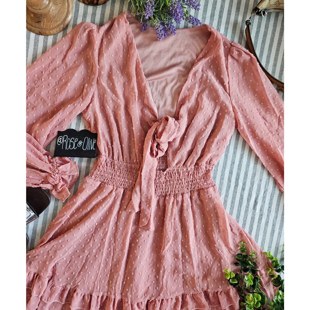Boho Dusty Pink Long Sleeve V Neck Swiss Dot Ruffle Dress
